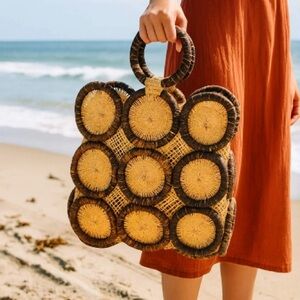 Woven Round Circle Straw Tote Bag in Natural and Dark Brown